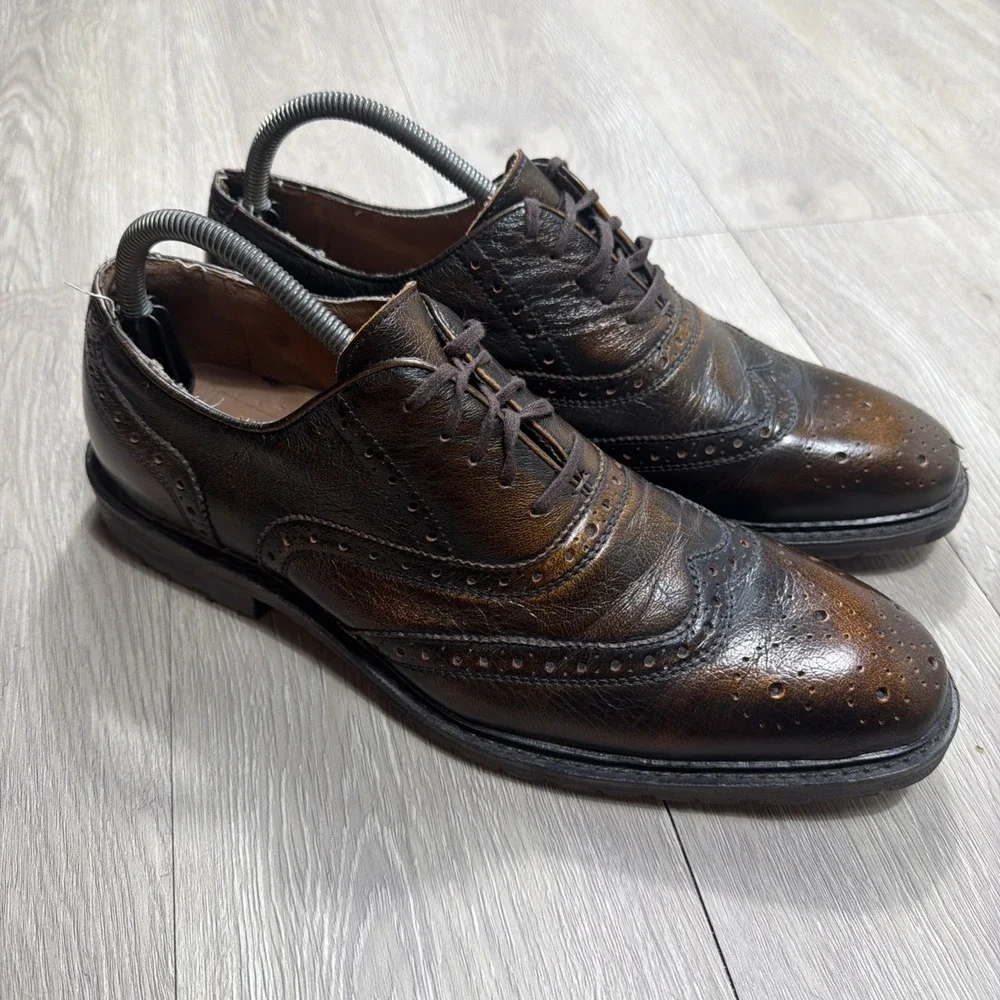Mens Wingtip Dress Shoes Oxfords Metallic Bronze Unique RED Saks‎ Fifth Ave 10.5